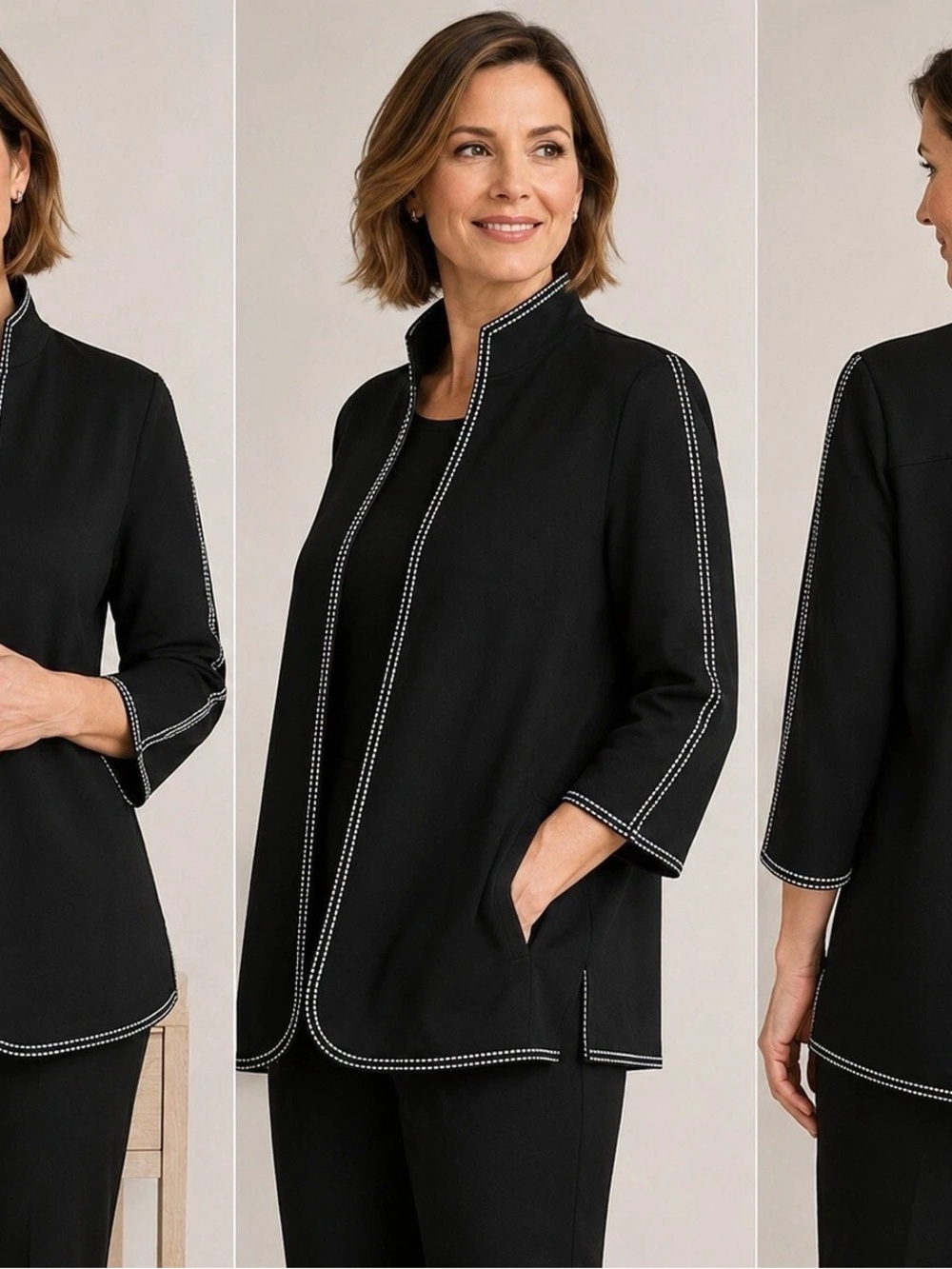 Ming Wang Women's Black Embroidered-Edge Jacket - Classic Elegance, size medium
